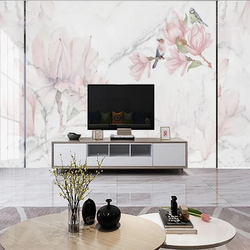 Home Improvement Background - Özel 3D Duvar Pembe Çiçekler Kuş